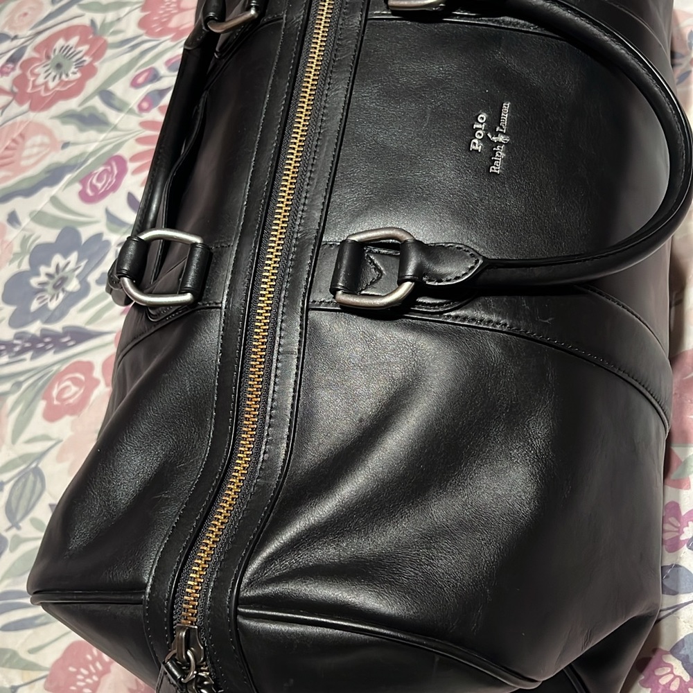 Polo by Ralph Lauren Black Leather Duffel Bag with Gold Zipper